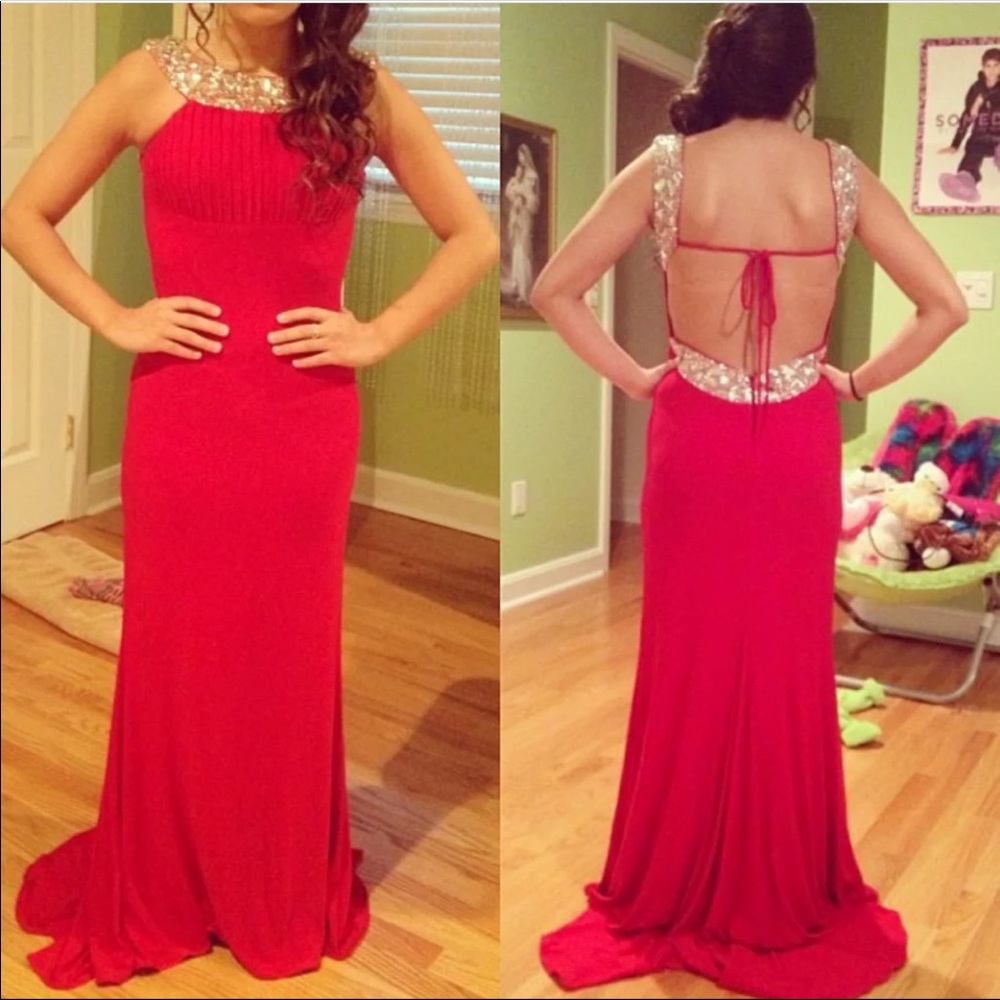 Long red dress with open back
